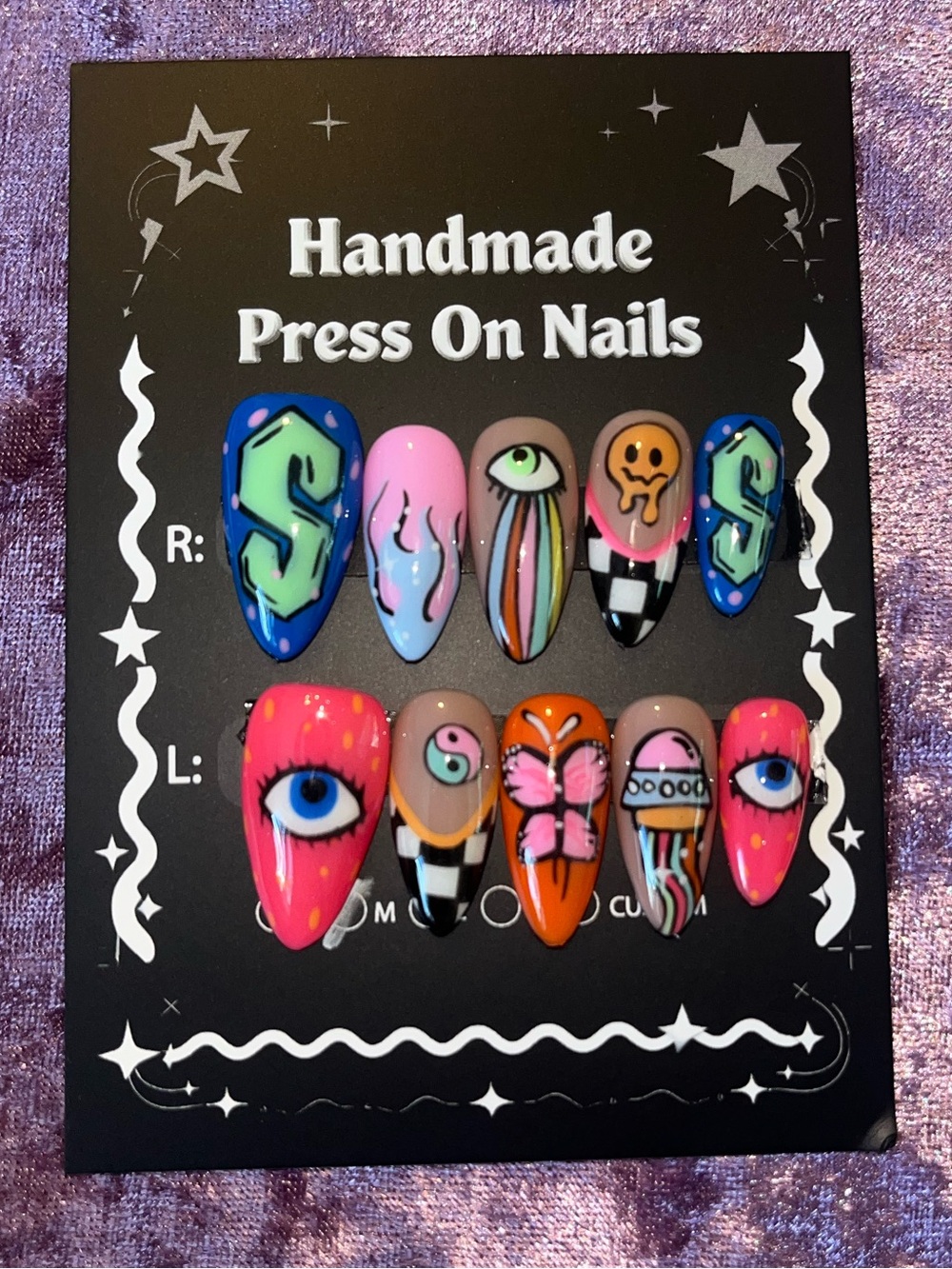 Handmade Multicolor Press On Nails - Assorted Bright Art Designs